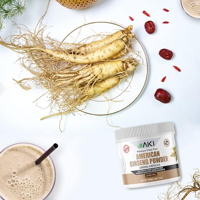 AKI American Ginseng Powder with 4% Ginsenosides - Ideal with Coffee, Beverages Like Smoothies (4oz/113g)