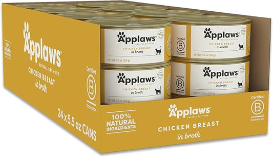 Applaws Wet Cat Food, 24 Count, Limited Ingredient Canned Wet Cat Food, Chicken Breast in Broth, 5.5oz Cans