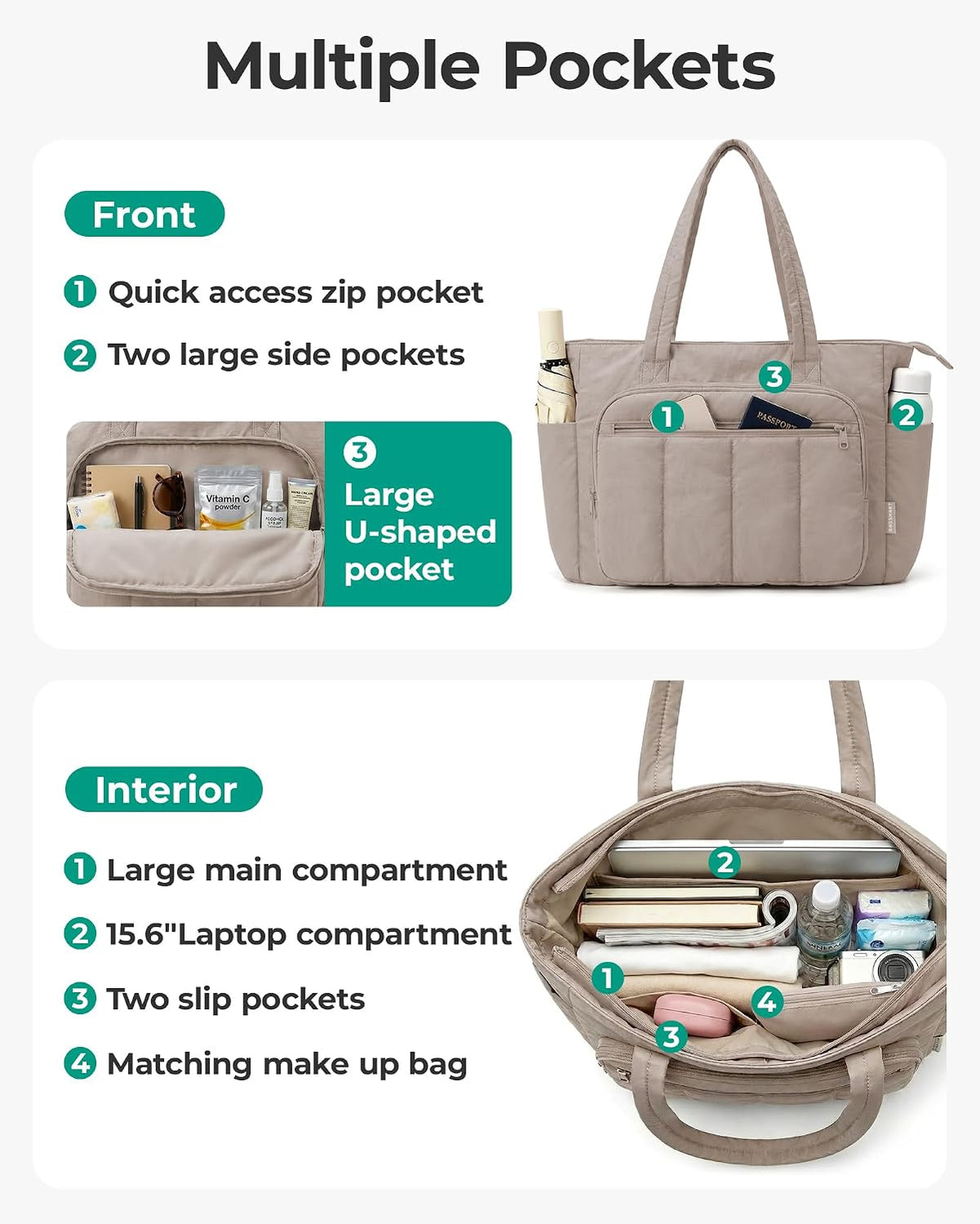 BAGSMART Tote Bag for Women, 2 Set Work Tote Bag with Zipper | 20L Capacity, 15.6'' Laptop Quilted Nurse Handbags for Work Travel College