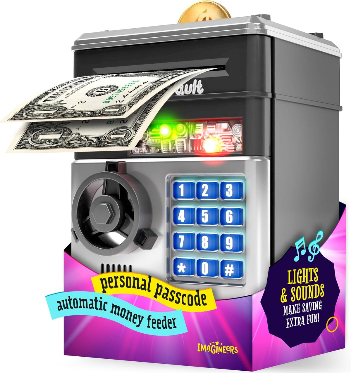 KiddieVault - Electronic Money Saving Box with Code, Automatic Bill Feeder, Lights & Sounds for Kids 3-12