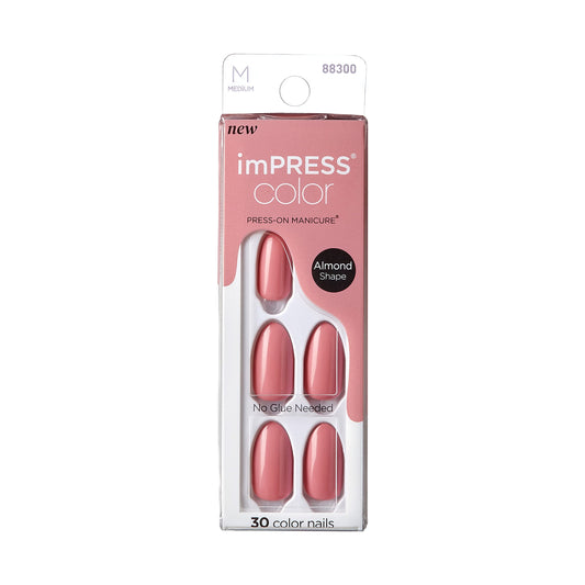Kiss Impress No Glue Mani Press On Nails, Color, 'Sweet Aroma', Pink, Medium Size, Almond Shape, Includes 30 Nails, Prep Pad, In