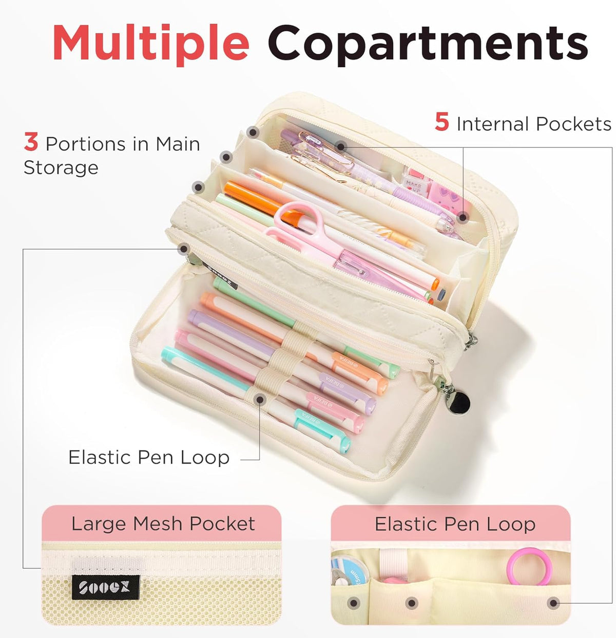 Sooez Cute Pencil Case, Aesthetic Pen Pencil Pouch, Extra Large Pencil Bag with Zipper, Special Pencil Holder Stationery Bag Marker Organizer, School Essentials Supplies for Girls Adult Teen, Beige