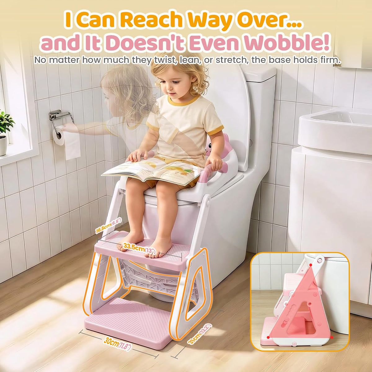Orzbow Potty Training Seat with Step Stool, Toddler Toilet Seat with Ladder | 7 Height Adjustable, Splash Guard, Non-Slip Base, Handles, Stable Triangular Fits Most Toilets, For Kids Boys Girls, Pink