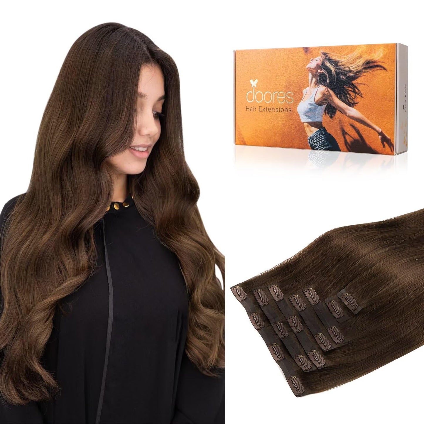 Doores Clip In Hair Extensions, Chocolate Brown 150G 7Pcs 20 Inch Real Virgin Human Hair