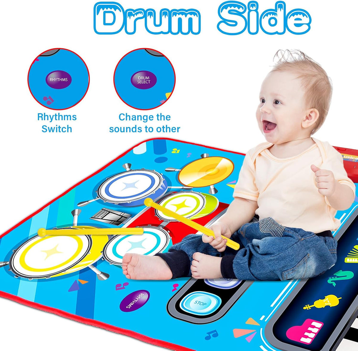Baby 1-2 Years Music Mat: 2 in 1 Piano Drum Play Mat for Infant Music Toy 1-3 Year Old Boys Girls