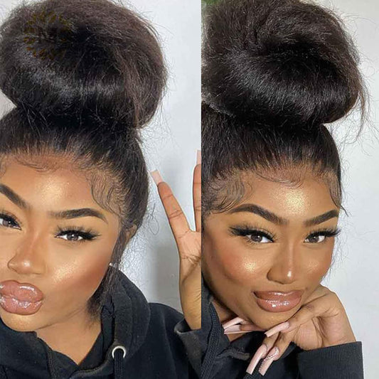 Alidiamond 360 Lace Front Wigs Human Hair 20Inch Kinky Straight Human Hair Wig 180% Density Yaki Straight Human Hair Wig For Wom