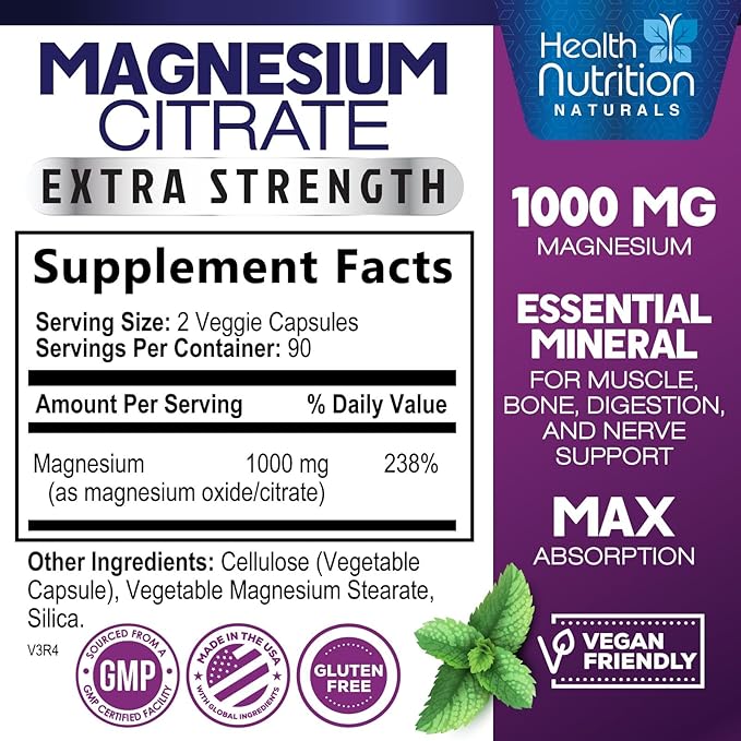 Magnesium Citrate Capsules 1000mg - Max Absorption Magnesium Powder for Muscle, Nerve, Bone and Heart Health Support, High Absorption Citrate Complex, Gluten Free, Non-GMO - 180 Capsules