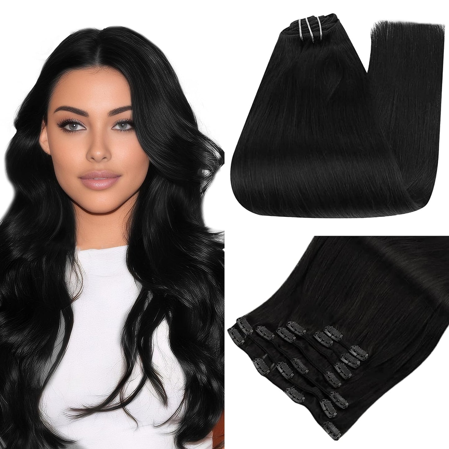 Full Shine 28 Inch Clip In Hair Extensions Real Human Hair Jet Black Long Clip In Extensions For Women Human Hair Triple Weft St