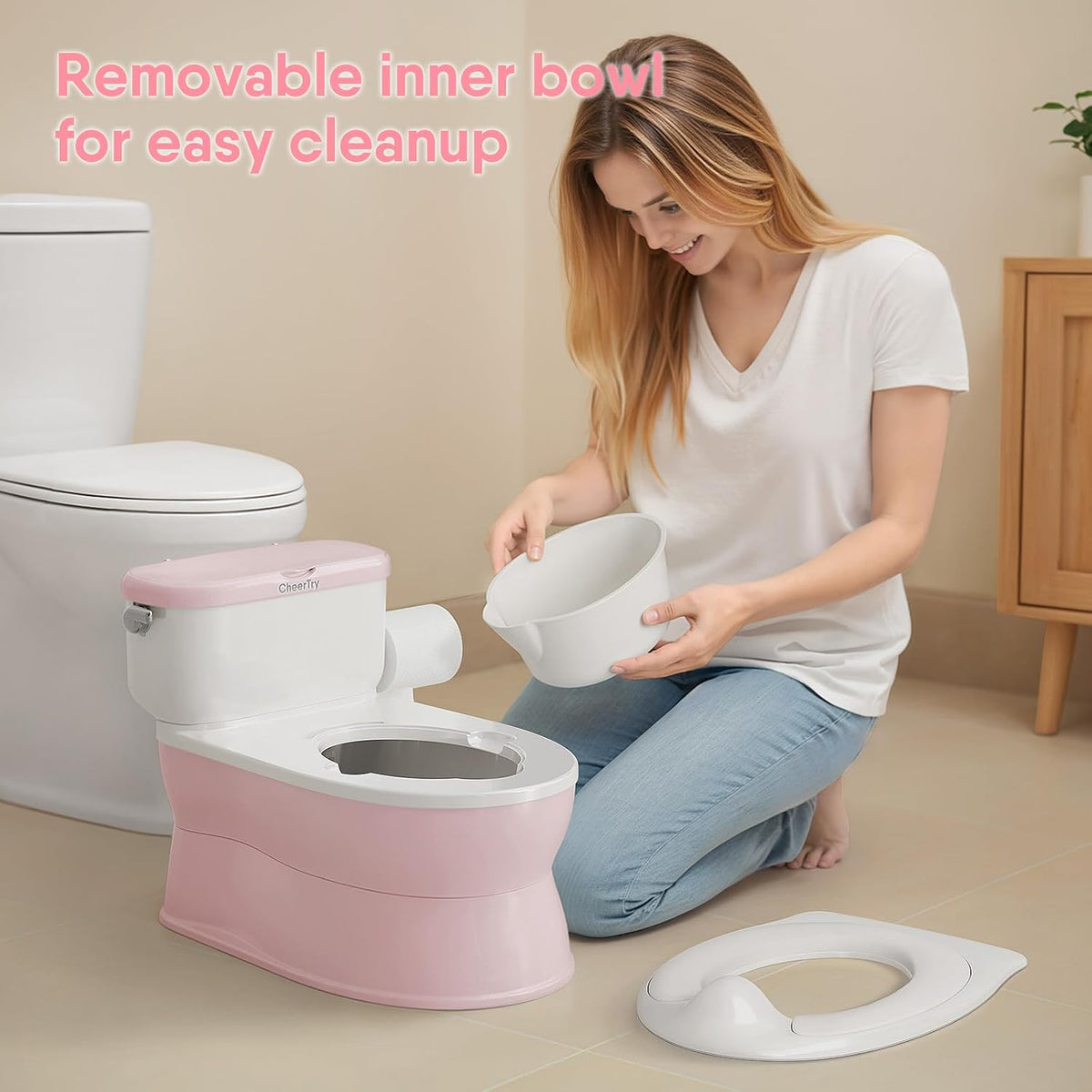 CheerTry 2-in-1 Toddler Potty Training Toilet with Detachable Training Seat | Large Potty Chair, Realistic Flushing Sound for Boys & Girls Ages 1-3 with Wipes Storage, Toilet Paper Holder - Pink