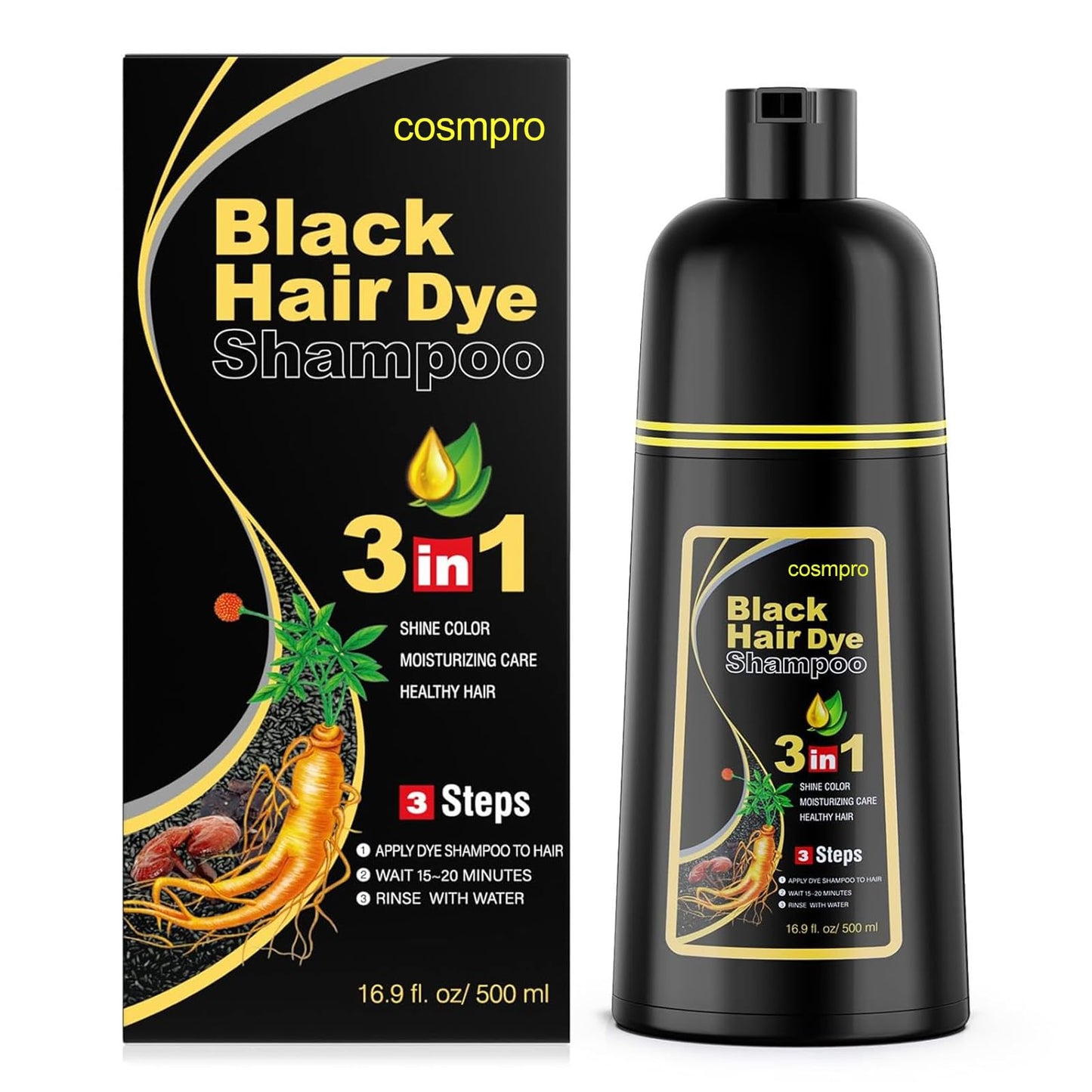 Cosmpro Black Hair Dye Shampoo 3 In 1 For Women/Men For Gray Coverage Instant Hair Color Shampoo Natural Herbal Semi Permanent C