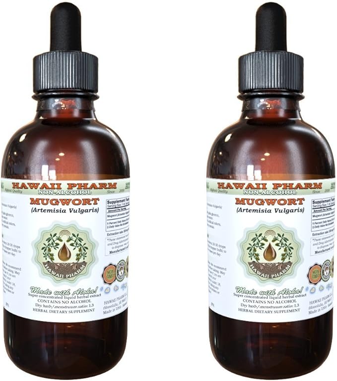 Mugwort Alcohol-Free Liquid Extract, Organic Mugwort (Artemisia vulgaris) Dried Flower Glycerite Natural Herbal Supplement, Hawaii Pharm, USA 2x4 oz