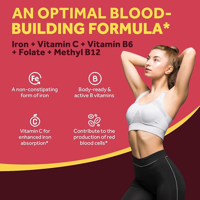 Doctor's Recipes Iron Supplement, Iron Bisglycinate with Vitamin C, B6, Folate & B12, Non-Constipating, Stomach Friendly, Gentle Iron Pills for Iron Deficiency, Blood & Energy Support, 60 Vegan Caps
