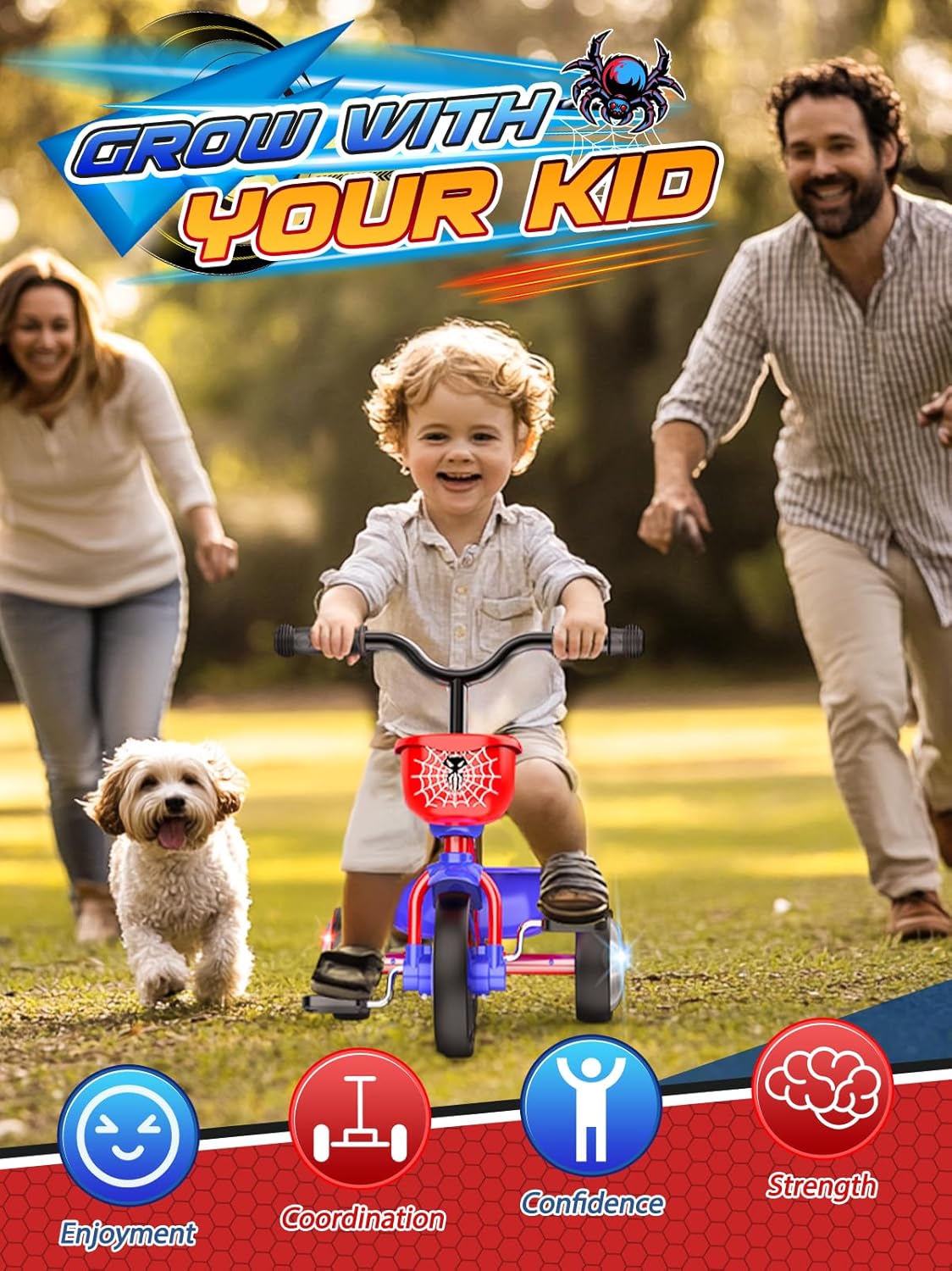 Stable Spider Toddler Tricycle for 1-5 Year Olds with Colorful Lighting, Large Basket & Thickened Noiseless Wheels
