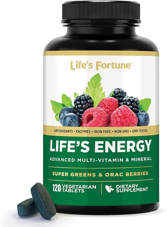 Life's Fortune Life's Energy Advanced Multi-Vitamin and Mineral for Men & Women, Non-GMO - Super Greens - ORAC Berries - AntiOxidants - Enzymes - Iron Free - GMP Tested, 120 Veggie Tablets