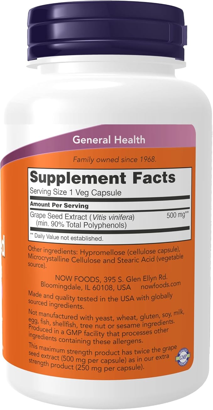 NOW Supplements, Grape Seed Extract, Maximum Strength 500 mg (a Highly Concentrated Extract with a Minimum of 90% Polyphenols), 90 Veg Capsules, Red/Brown, 0.25 pounds (Pack of 2)