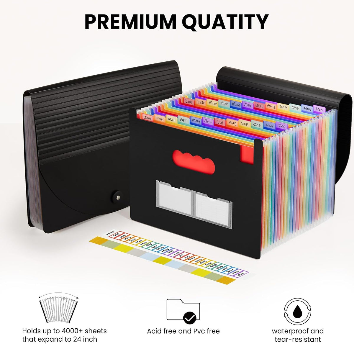 Sooez 24 Pockets Expanding File Folder with Blank Labels, According File Organizer with Expandable Cover, Desktop Accordion Folders Letter A4 Paper Document Storage Organizer, Black