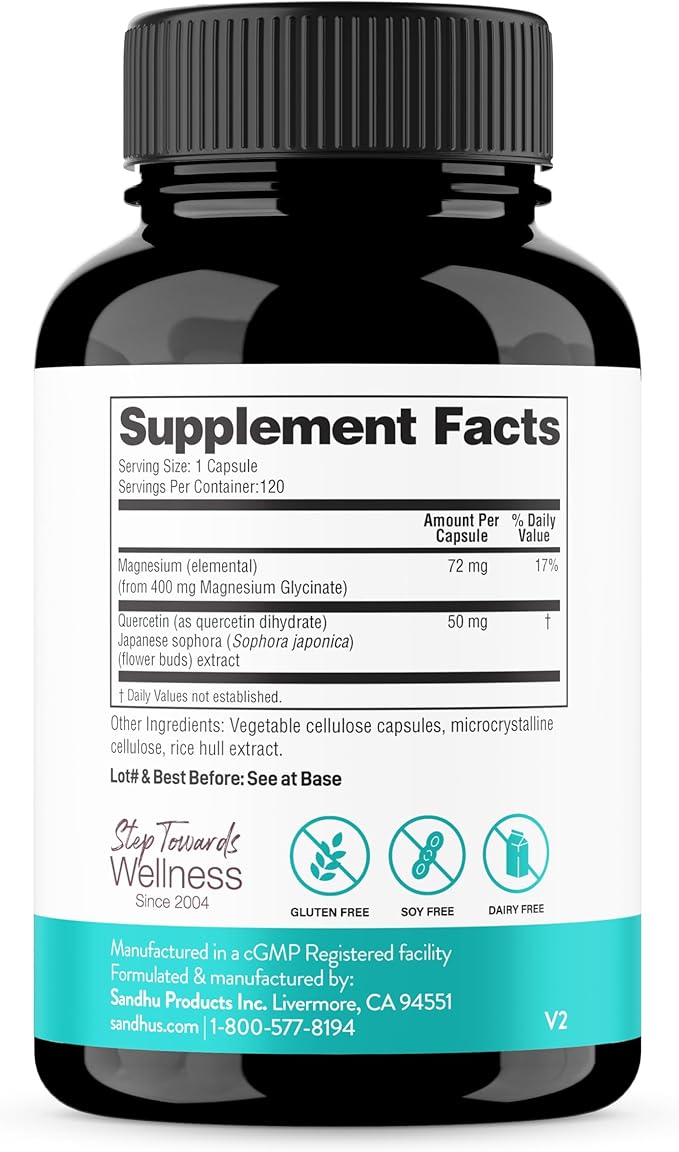 Magnesium Glycinate 400mg Capsules with Quercetin | Quality Sleep, Relaxation, Muscle, Bone Health & Immune Support | 120 Count (Pack of 2) | Easy to Swallow | for Women and Men