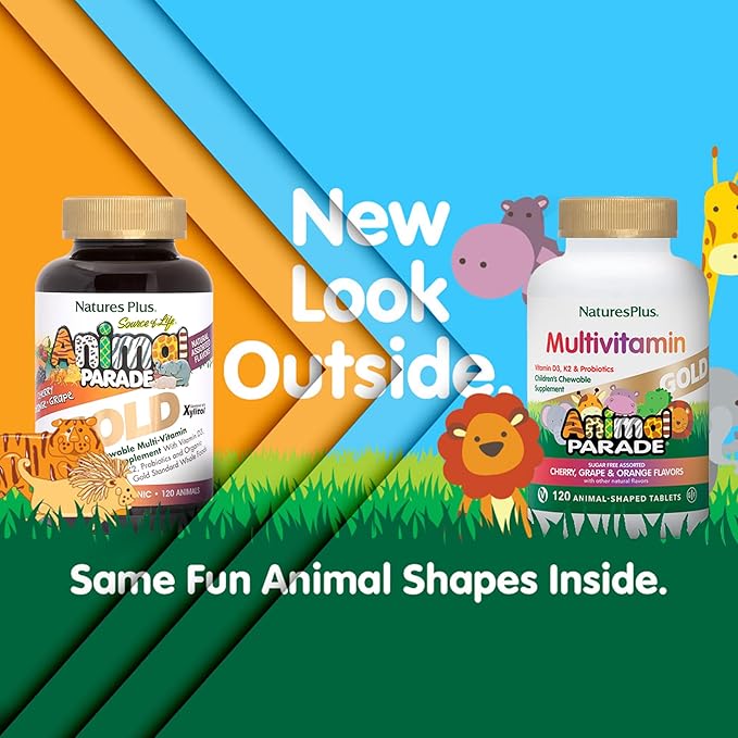 NaturesPlus Animal Parade Gold Children's Multivitamin - Assorted Cherry, Orange & Grape Flavors - 120 Animal-Shaped Chewable Tablets, Pack of 4 - Vegan, Gluten Free - 240 Total Servings