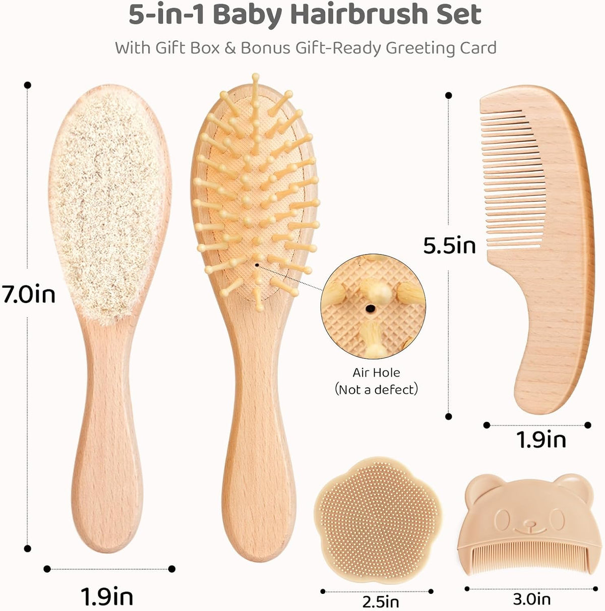 5 Piece Baby Hair Brush Set, Wooden Baby Brush and Comb Set with Natural Soft Goat Hair Bristles, Cradle Cap Brush, Baby Essentials Grooming Kit for Boy Girl