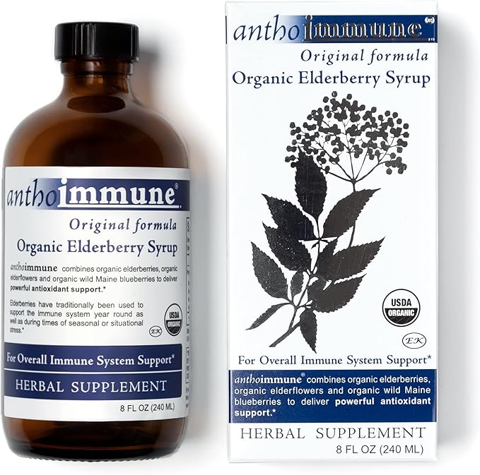 Organic Elderberry Syrup - Anthoimmune - Immune Support Supplement for Adults and Kids- USDA Organic, Ultra-Premium Black Elderberry Formula (8 oz) 48 Servings