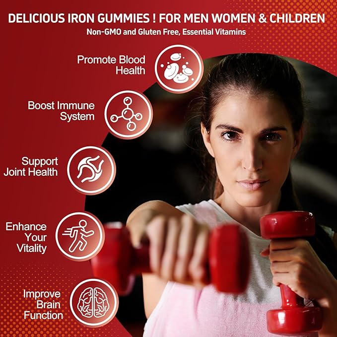 Iron Gummies Supplement for Women, Men & Kids, Iron 65mg with 250mg Vitamin C B6 B12 Folate Healthy Blood, Energy & Immune Support Gentle on Stomach Ferrous Fumarate, 120 Count