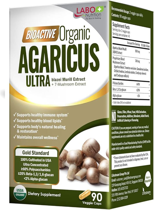 LABO Nutrition Bioactive Organic Agaricus Ultra - 7 Mushroom Extract Supplement Agaricus blazei Murill Cordyceps, Maitake, Turkey Tail, Lingzhi, Shiitake for Advanced Immune Support, USDA Organic