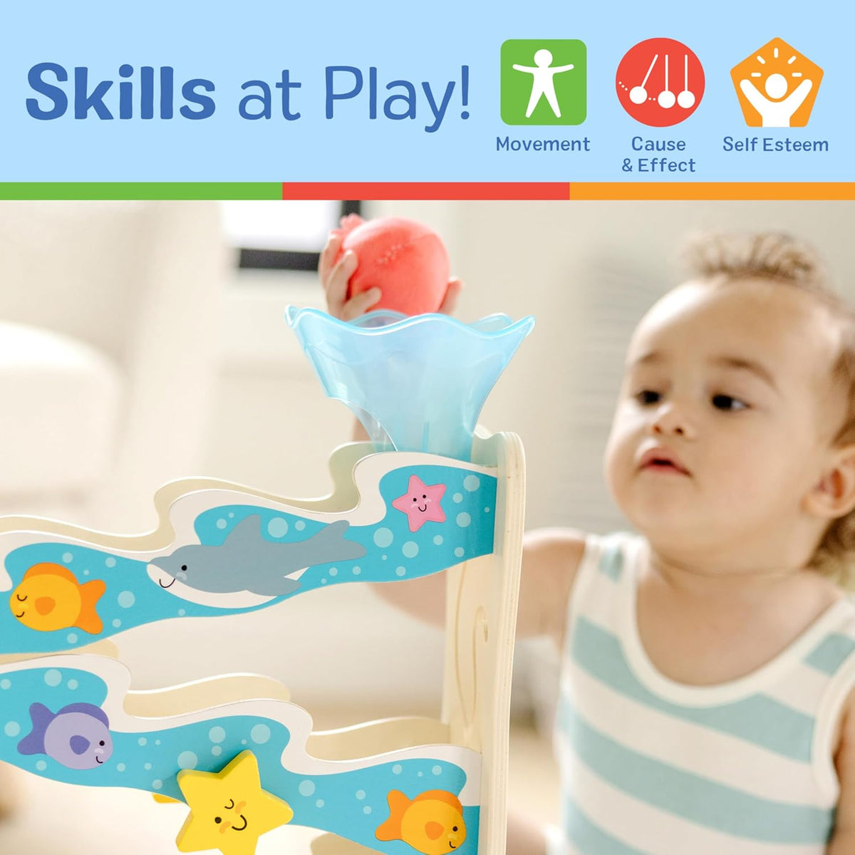 Melissa & Doug Rollables Wooden Ocean Slide Infant and Toddler Toy (5 Pieces) Ocean Themed Toys For Toddlers, Early Learning Toys For Infants And Toddlers Ages 1+ - FSC Certified