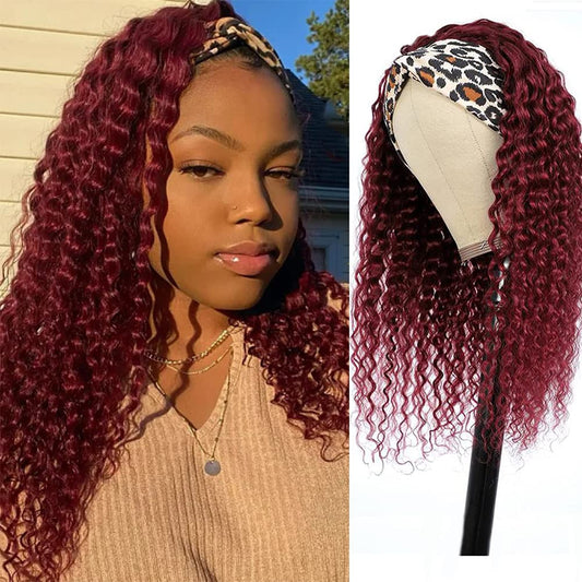 Lauberita Headband Wig Human Hair 99J 10 Inch 180% Density Burgundy Deep Wave Headband Wig 100% Human Hair Wigs Curly Glueless W