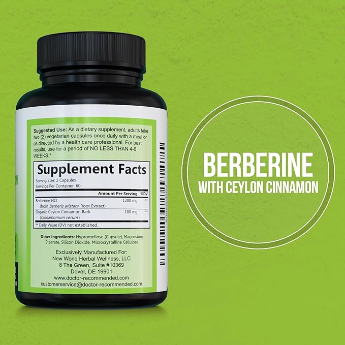 DOCTOR RECOMMENDED SUPPLEMENTS Berberine with Ceylon Cinnamon - 1200mg Berberine & 100mg Organic Ceylon Cinnamon - 120 Veggie Capsules, (Pack of 3)