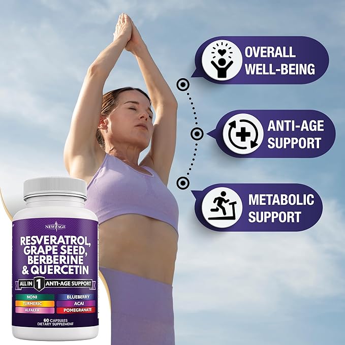 NEW AGE Resveratrol, Berberine, Grape Seed Extract, Quercetin, Polyphenol Supplement for Women and Men with Noni Extract, N-Acetyl Cysteine, Acai Extract - 180 Capsules