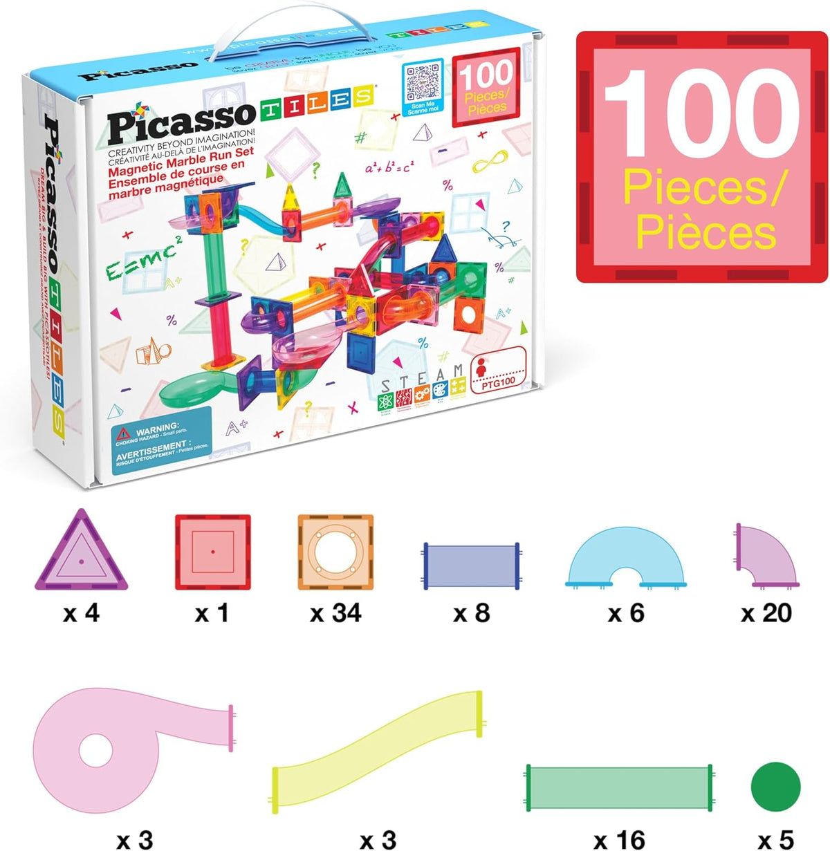 PicassoTiles 100pc Magnetic Marble Run Set with Racing Track Tiles Funnels Curved Slopes and Steel Balls for Kids STEM Construction Indoor Learning Toy that Promotes Focus and Problem Solving PTG100