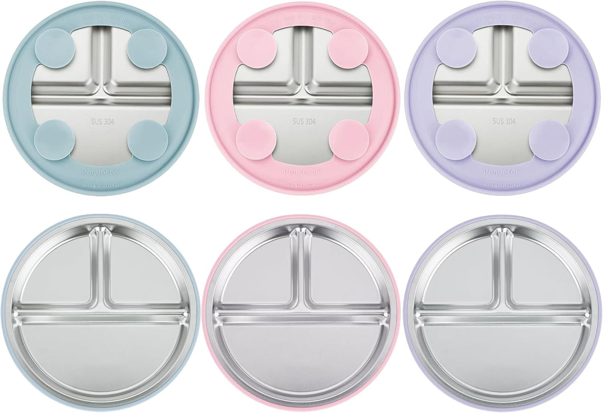 PandaEar 3 Pack Stainless Steel Baby Suction Plates, Divided Toddler Plate for Baby Led Weaning Supplies, Non-Slip Toddler Baby Feeding Set Dishwasher Safe (Blue/Green/Brown)