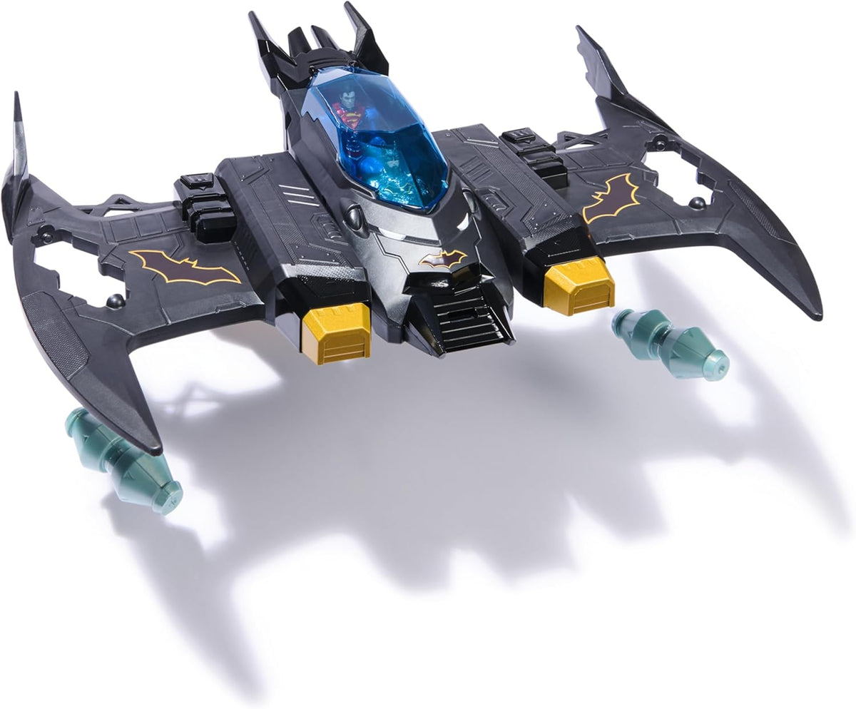 DC Comics, Metal Force Transforming Batwing, 2-in-1 Playset, Includes Batman and Superman Figures, with Projectiles and Character Cards, Kids Toy for Boys Ages 4 and Up