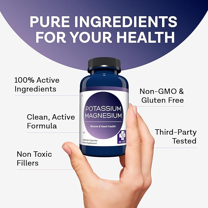 MD. Life Magnesium Potassium Supplement - 60 Capsules - High Absorption Magnesium Complex - Magnesium Supplement to Support Vascular Health & Leg Cramp 60cts