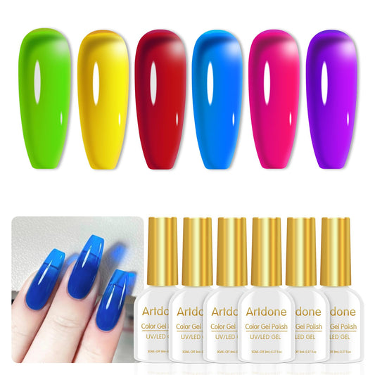 Artdone Transparent Gel Nail Polish Jelly Neon Set - Uv Gel 6 Colors Translucent Green Yellow Red Purple Blue Colors Gel For All