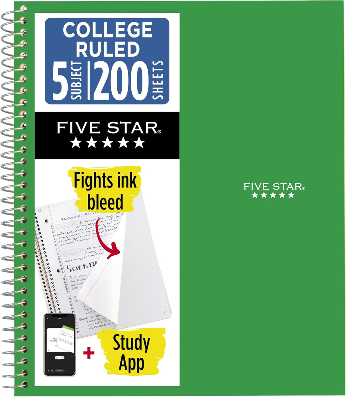 Five Star Spiral Notebook + Study App, 5 Subject, College Ruled Paper, 8-1/2" x 11", 200 Sheets, Fights Ink Bleed, Water Resistant Cover, Pacific Blue (73635)