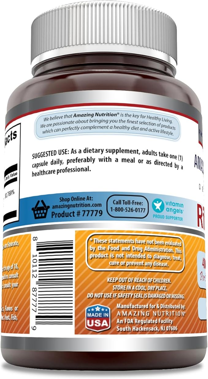 Amazing Formulas Riboflavin 400 mg Capsules | Vitamin B2 Supplement | Non-GMO | Gluten Free | Made in USA (60 Count)