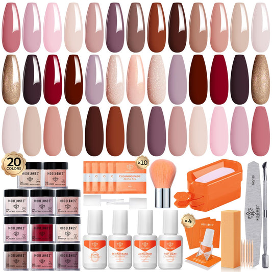 Modelones Dip Powder Nail Kit Starter, 20 Colors Pink Red Brown Dipping Powder Liquid Set Base&Top Activator For French Nail Art