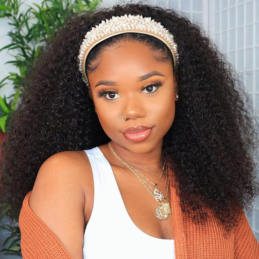 Lauberita Headband Wig Human Hair 180% Density Kinkycurly Headband Wigs Glueless Curly Human Hair Wig For Women Natural Color 26