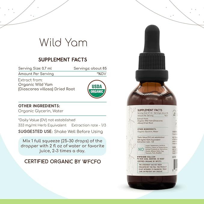 Wild Yam B60 USDA Organic Tincture | Alcohol-Free Extract, High-Potency Herbal Drops | Certified Organic Wild Yam (Dioscorea Villosa) Dried Root (2 oz)