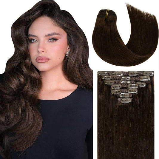 Lacer Hair Extensions Clip In Human Hair, 18 Inch 140G 7Pcs Clip In Hair Extensions Real Human Hair, Warm Dark Brown Human Hair