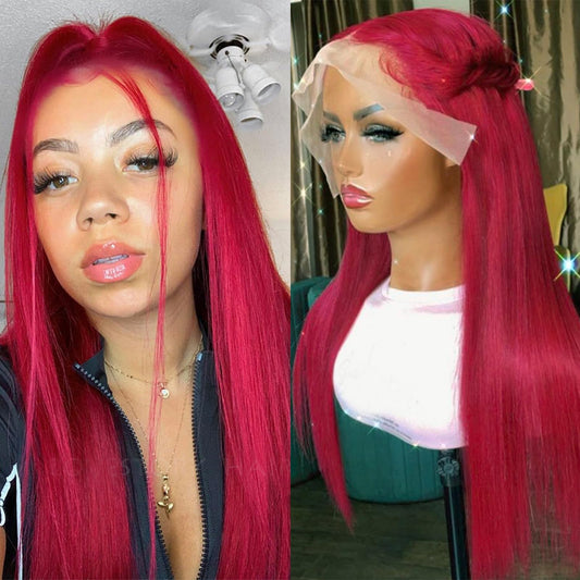 Lovestory Red Wigs For Women Heat Resistant Synthetic Lace Front Wigs Fashion Long Straight Wig 180 Density 22-24 Inch