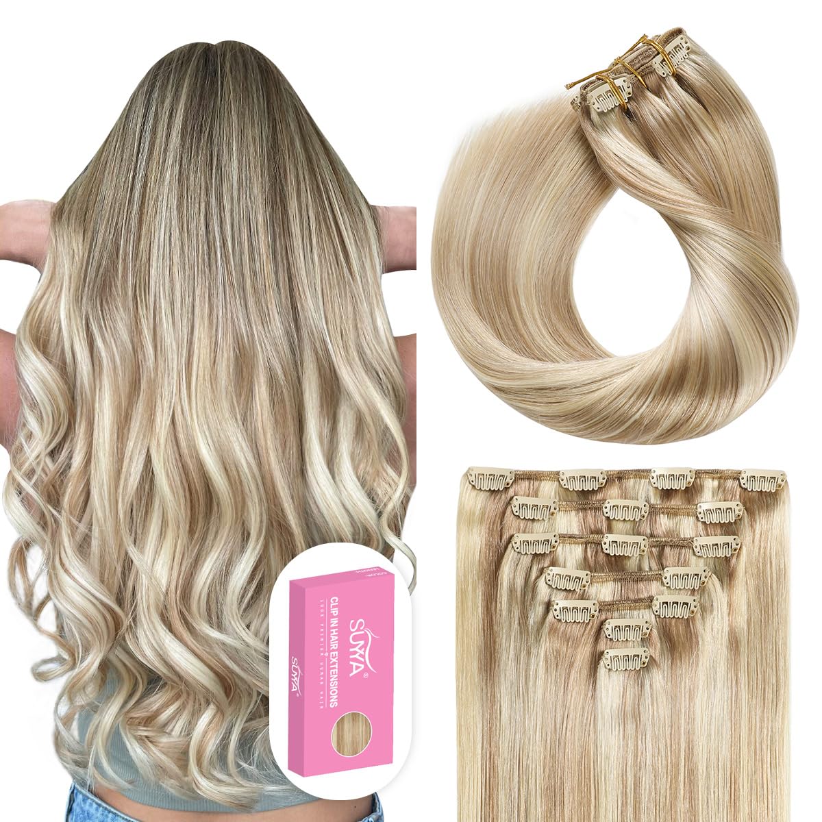 Suyya Clip In Hair Extensions Real Human Hair 20 Inch 120G 7Pcs Clip In Remy Human Hair Extensions Silky Straight Double Weft As