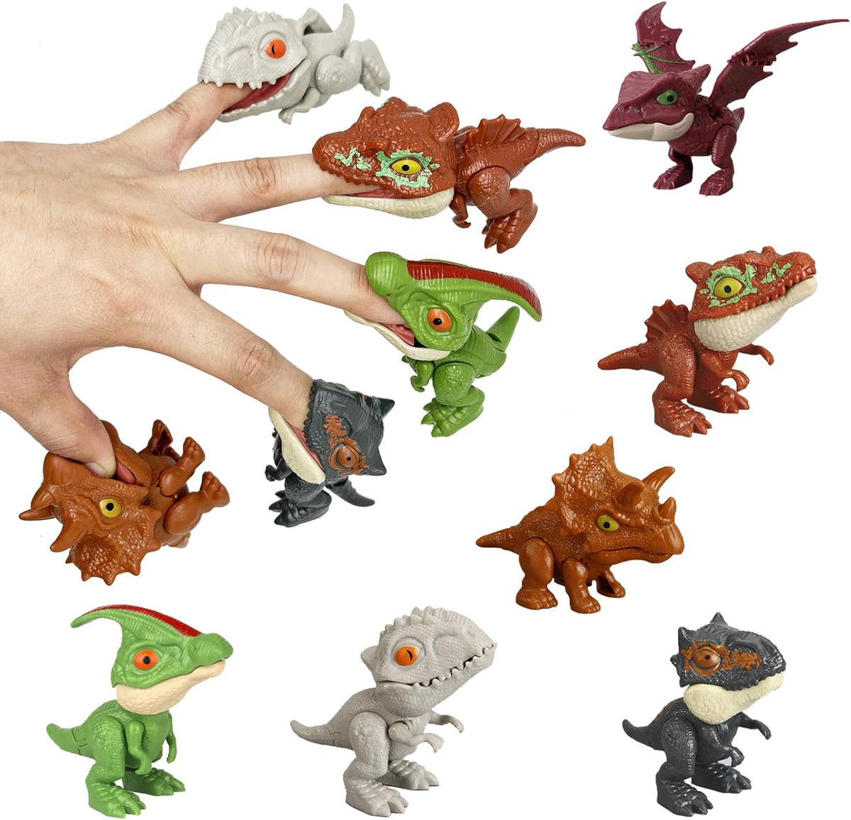 Winbar 6-Piece Biting Finger Dinosaurs Toy Set for Kids, Featuring Raptor, Mosasaur, Tyrannus, Stegosaurus, T-Rex, and Ankylosaurus Figures, Interactive Chomp Puppets for Play and Display.