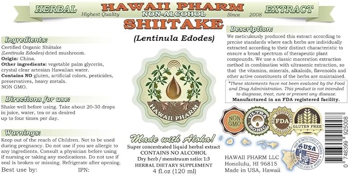 Shiitake Alcohol-Free Liquid Extract, Organic Shiitake (Lentinula Edodes) Dried Mushroom Glycerite Natural Herbal Supplement, Hawaii Pharm, USA 64 fl.oz