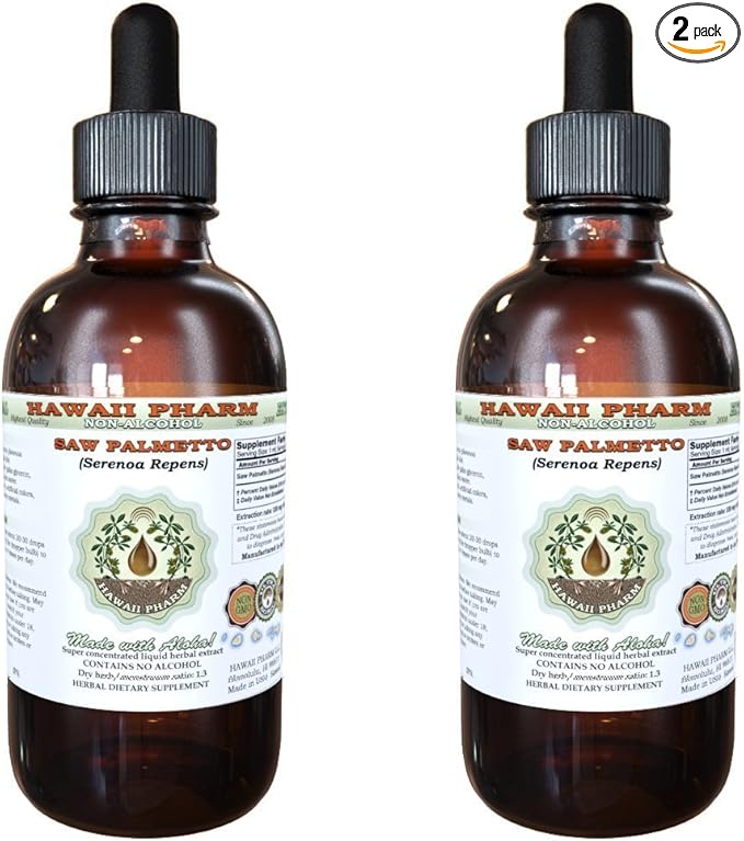 Saw Palmetto Alcohol-Free Liquid Extract, Organic Saw Palmetto (Serenoa Repens) Dried Berry Glycerite Natural Herbal Supplement, Hawaii Pharm, USA 2x2 fl.oz