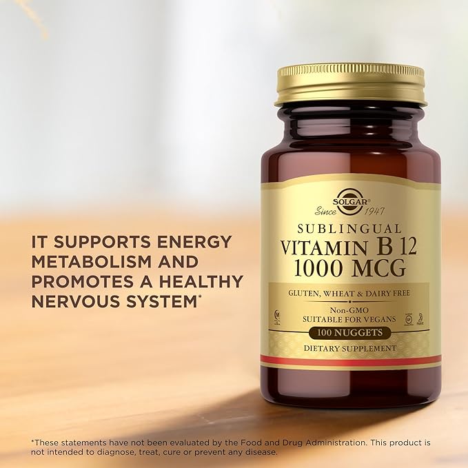 SOLGAR Sublingual Vitamin B12 1000 mcg - 100 Nuggets - Non-GMO, Vegan, Gluten Free, Dairy Free, Kosher, Halal - 100 Servings