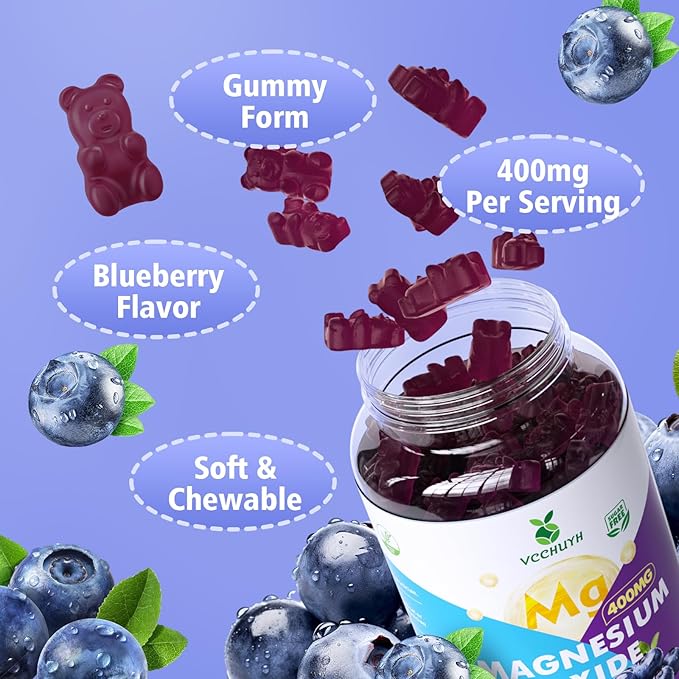 Magnesium Oxide Gummies 400mg, Sugar Free Magnesium Oxide Supplement for Adults & Kids, Muscle Support & Energy Boost, Non GMO, Blueberry Flavor 60 Count