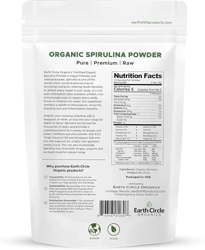 Earth Circle Organics Spirulina Powder, Kosher, Raw and Non-Irradiated | Pure Vegan Protein | Premium Energy Superfood, High in Amino Acids and Antioxidants - (8oz - 2Pack)