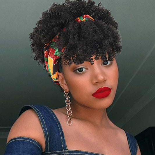 Aisaide Headband Wrap Wigs For Black Women,Synthetic Short Afro Kinky Curly Black Wig With Bangs Scarf Wig Wrap Wigs 2 In 1 Afro